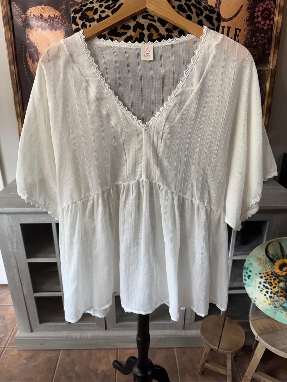 Like Love Boho Lace-Trim Peasant Top - White Sz 1X